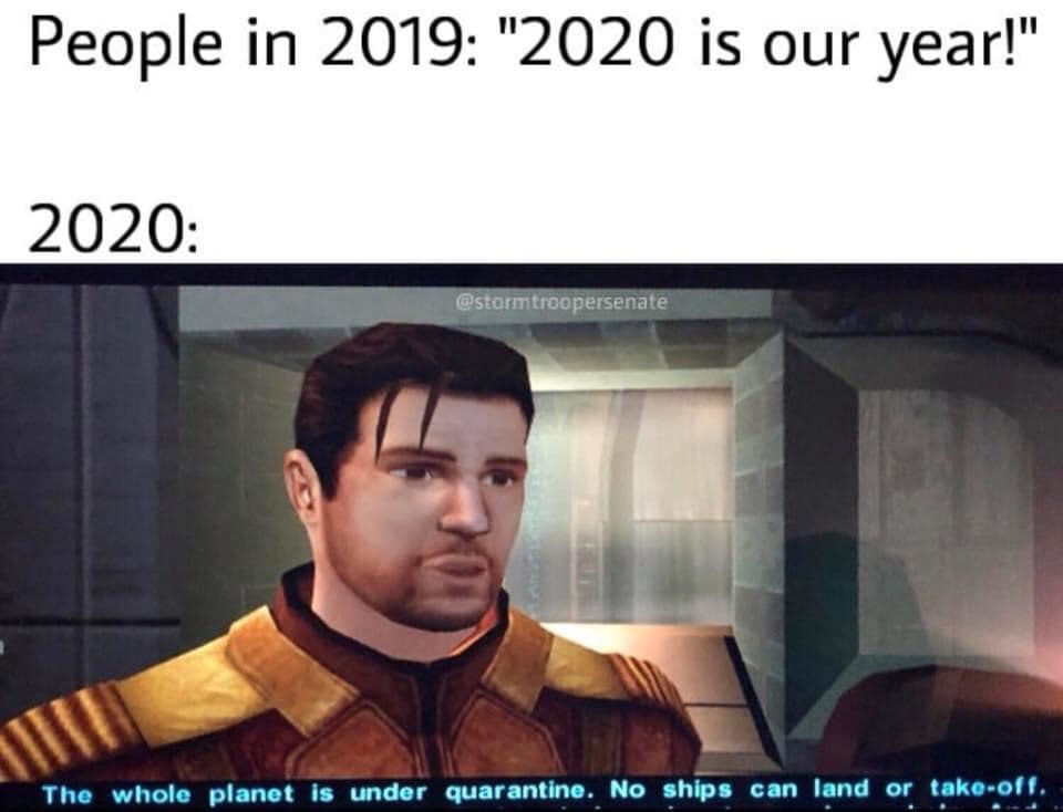 This meme is a humorous comparison between the COVID-19 pandemic in 2020 and the sci-fi movie Star Wars. The image shows a character from the movie saying "It's a trap!" (which is a famous line from the movie) but with the year 2020 instead of the original 3-AB- or 2-AB- dates.